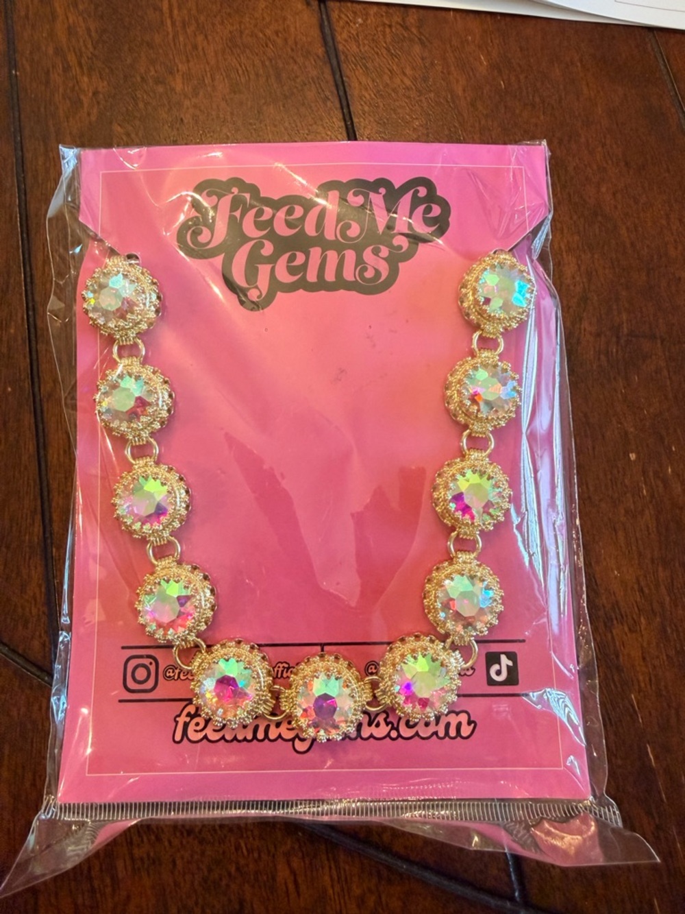 Feed Me Gems Gold Necklace with Iridescent Pink Crystal Discs
